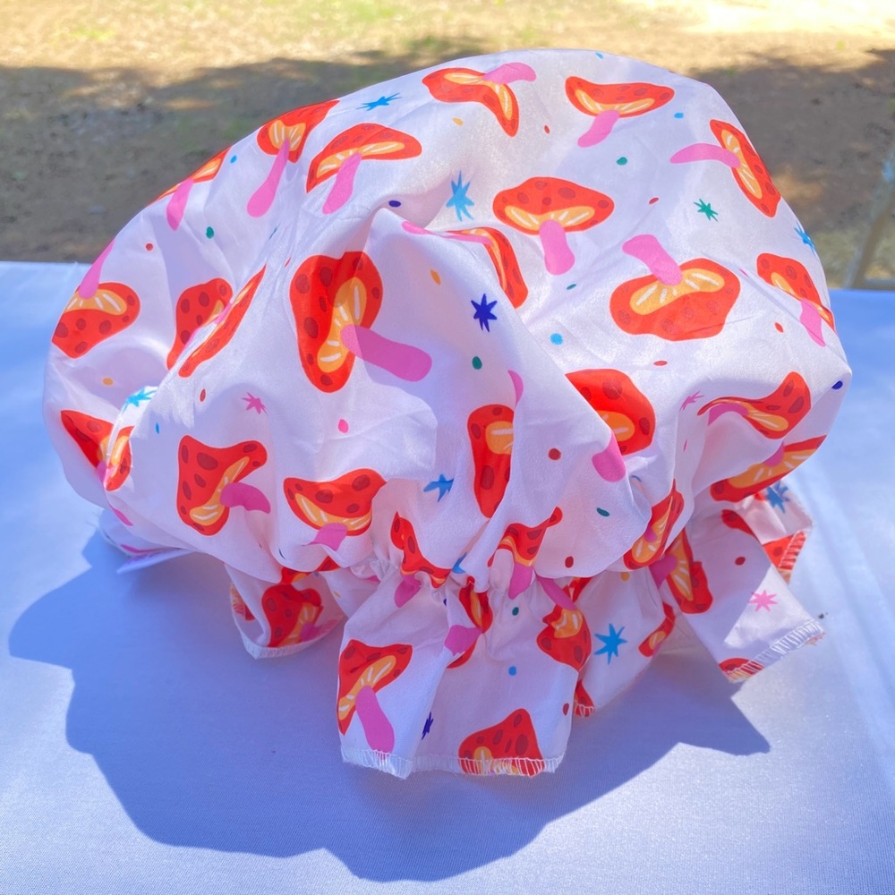 NWT Tru Beauty Whop Mushroom Print Shower Cap Psychedelic Red Pink White OS